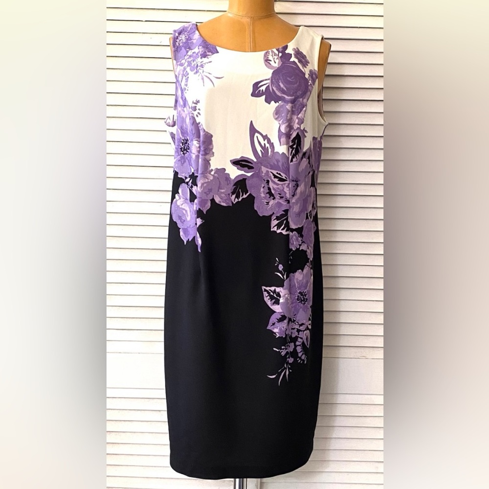 Maya Brooke Dress Womens size 10 Black Purple Floral Office Sleeveless Sheath